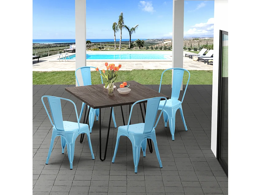 conjunto de mesa cuadrada madera y sillas en metal en estilo industrial pigalle - Azul