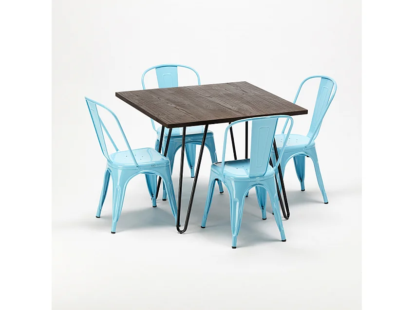 conjunto de mesa cuadrada madera y sillas en metal en estilo industrial pigalle - Azul