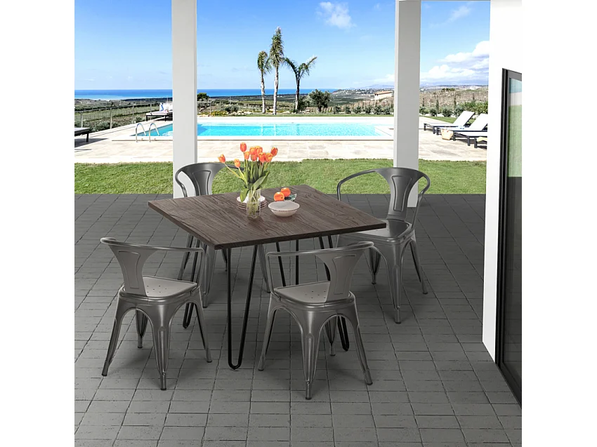 juego 4 sillas estilo mesa 80 x 80 cm diseño industrial bar cocina reims dark - Negro