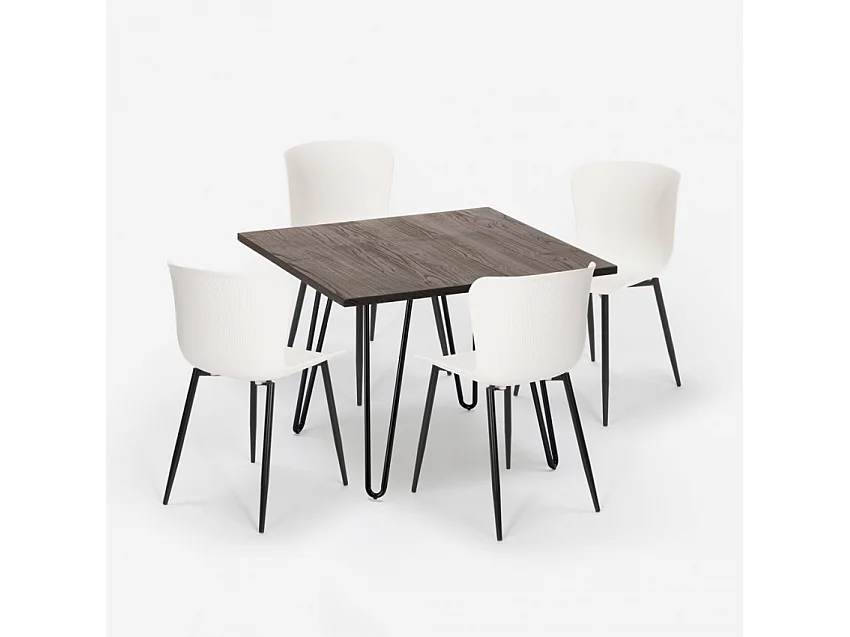 Conjunto mesa 80 x 80 cm cuadrada 4 sillas estilo industrial metal Claw Dark - Blanco