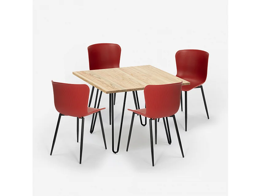 Conjunto 4 sillas mesa cuadrada 80 x 80 cm diseño industrial Claw Light - Rojo