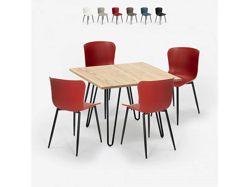 Conjunto 4 sillas mesa cuadrada 80 x 80 cm diseño industrial Claw Light - Rojo