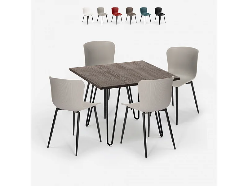 Conjunto mesa 80 x 80 cm cuadrada 4 sillas estilo industrial metal Claw Dark - Gris