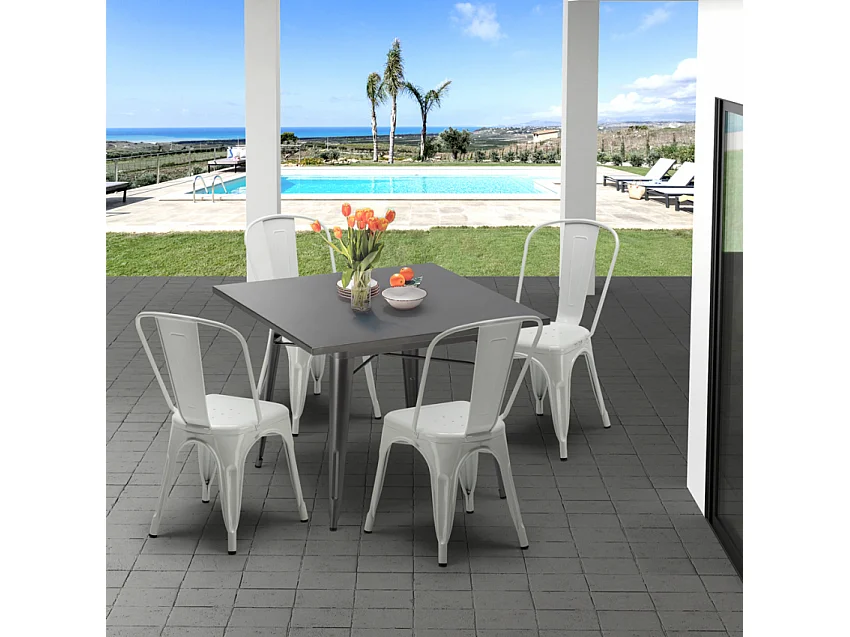 conjunto de mesa cuadrada y sillas industriales de metal estilo flushing - Blanco