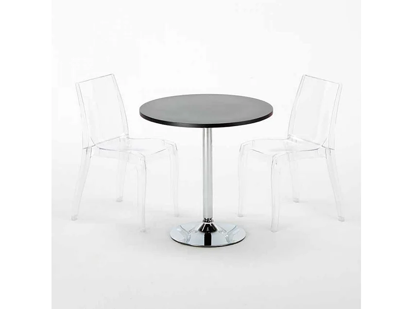 Table Ronde Noire 70x70cm Avec 2 Chaises Colorées Et Transparentes Set Intérieur Bar Café Cristal Light Gold - Transparent
