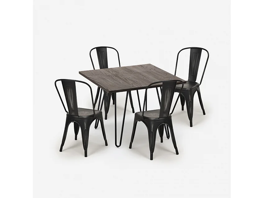 juego mesa cuadrada 80 x 80 cm madera metal 4 sillas vintage hedges dark - Negro