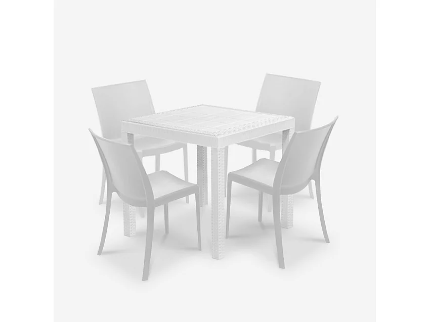 Set de 1 mesa de jardín para exterior 80x80 cm efecto ratán y 4 sillas color blanco Nisida Light