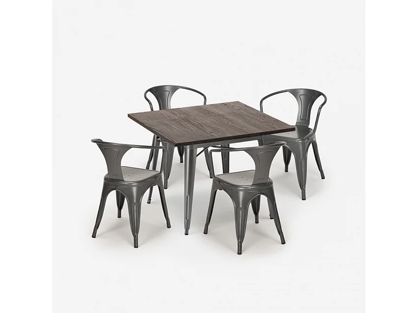 juego diseño industrial mesa 80 x 80 cm 4 sillas estilo cocina bar hustle - Gris Oscuro