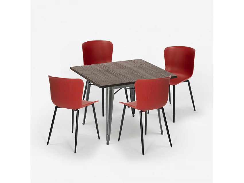 conjunto mesa cuadrada 80 x 80 cm diseño industrial 4 sillas anvil - Rojo