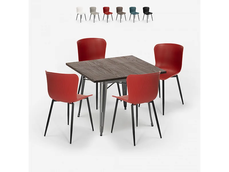 conjunto mesa cuadrada 80 x 80 cm diseño industrial 4 sillas anvil - Rojo