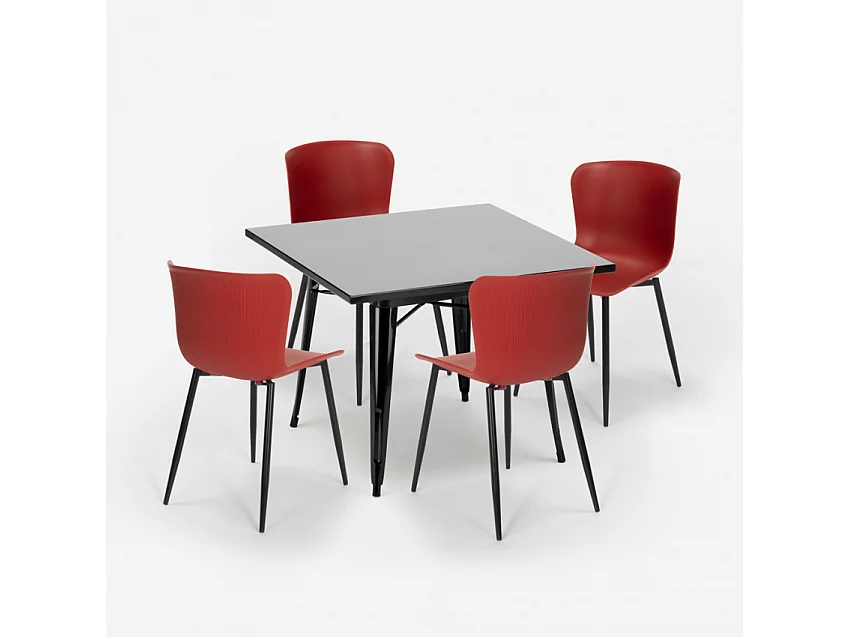 conjunto 4 sillas mesa 80 x 80 cm cuadrada estilo industrial wrench dark - Rojo