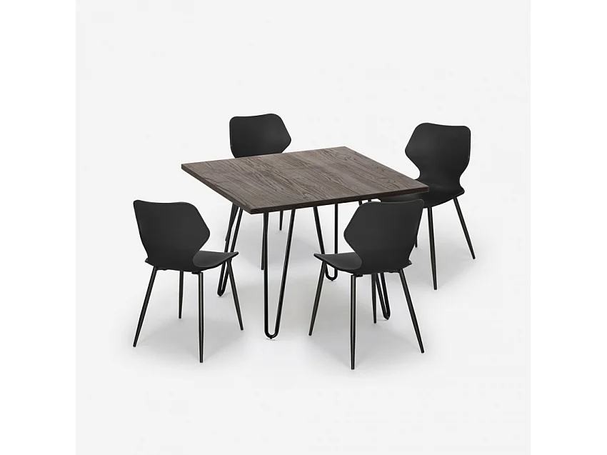Conjunto 4 sillas diseño mesa cuadrada 80 x 80 cm madera metal Sartis Dark - Negro