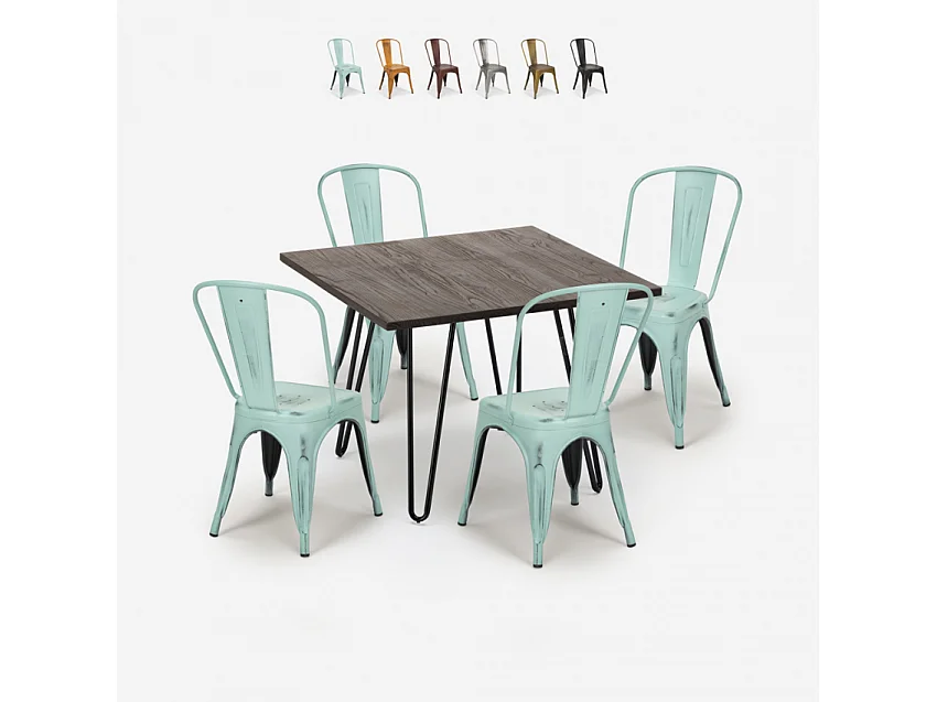 juego mesa cuadrada 80 x 80 cm madera metal 4 sillas vintage hedges dark - Azul