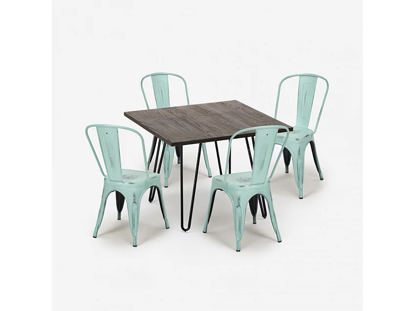 juego mesa cuadrada 80 x 80 cm madera metal 4 sillas vintage hedges dark - Azul