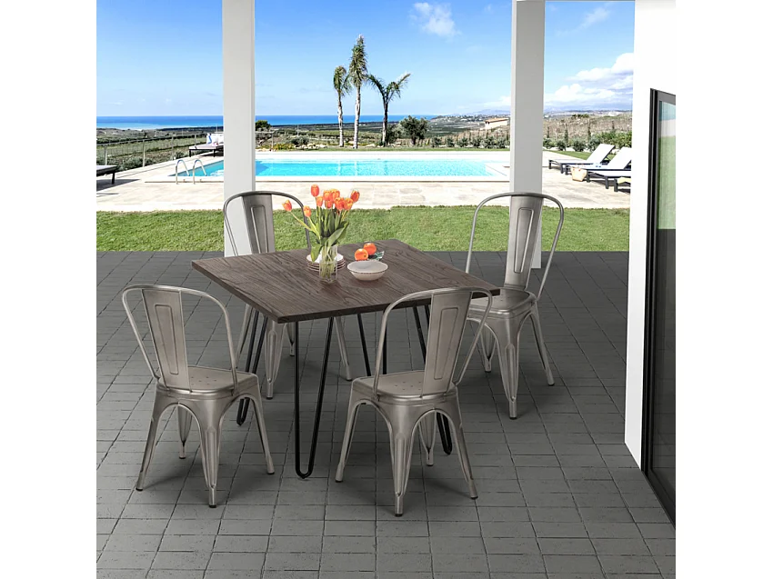 juego mesa cuadrada 80 x 80 cm madera metal 4 sillas vintage hedges dark - Naranja