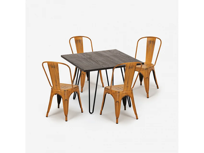 juego mesa cuadrada 80 x 80 cm madera metal 4 sillas vintage hedges dark - Naranja