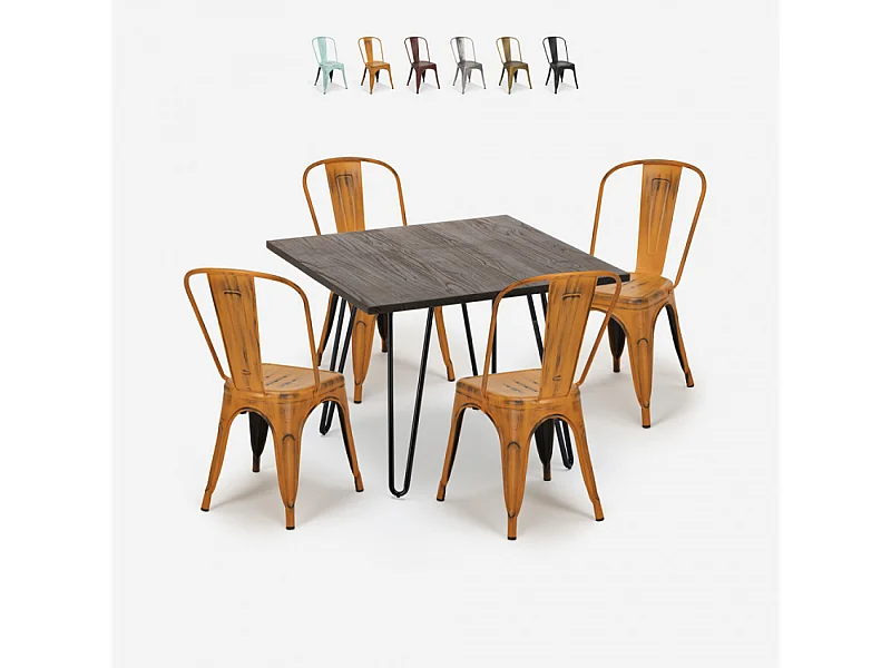 ensemble table carrée 80x80cm bois métal 4 chaises vintage style hedges dark - Orange
