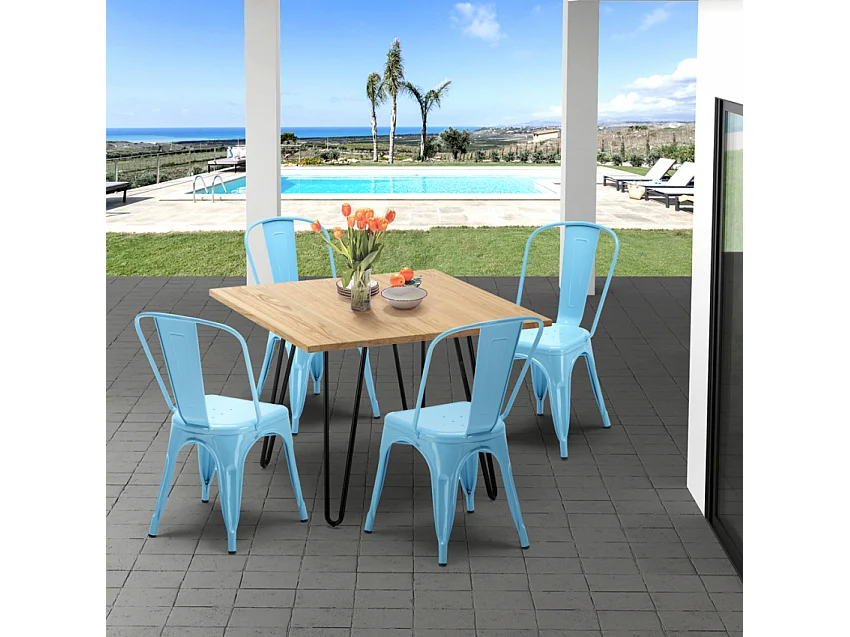 juego de mesa de madera con sillas de metal tribeca estilo industrial - Azul