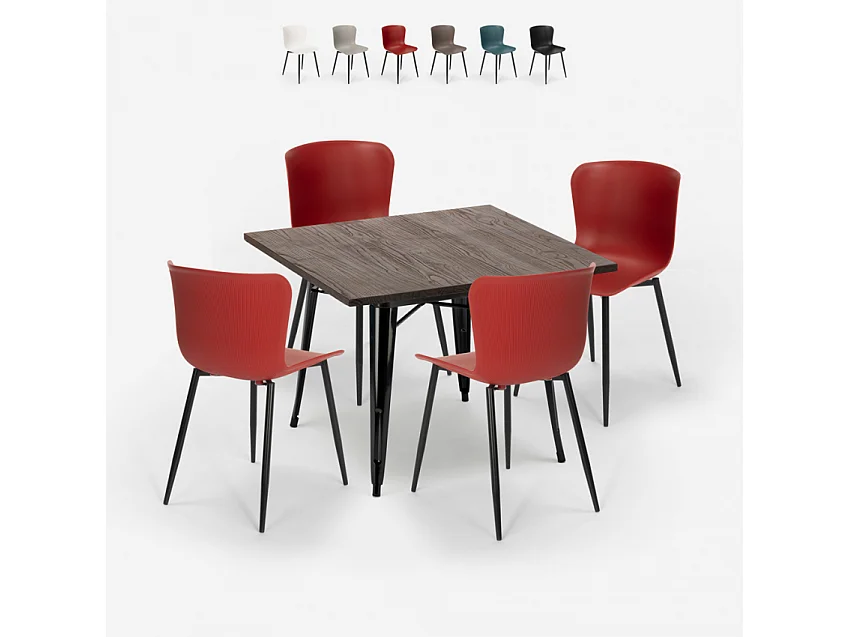juego mesa cuadrada 80 x 80 cm 4 sillas estilo industrial anvil dark - Rojo