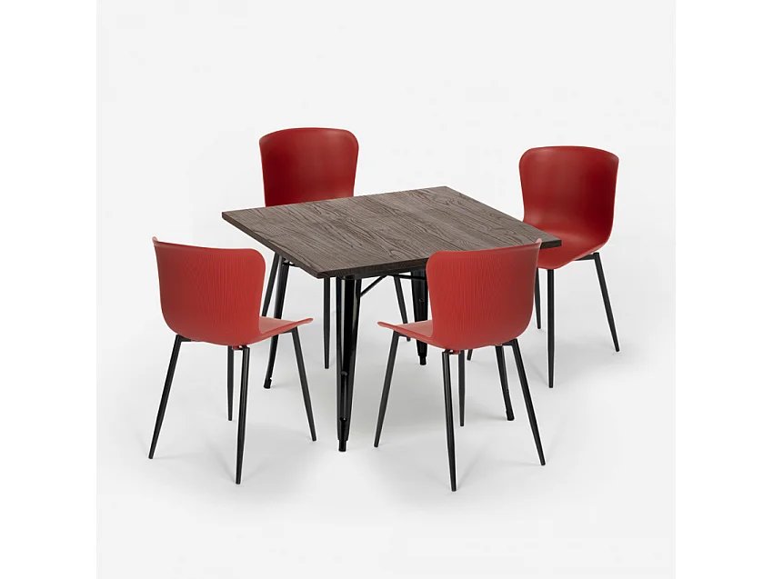 juego mesa cuadrada 80 x 80 cm 4 sillas estilo industrial anvil dark - Rojo