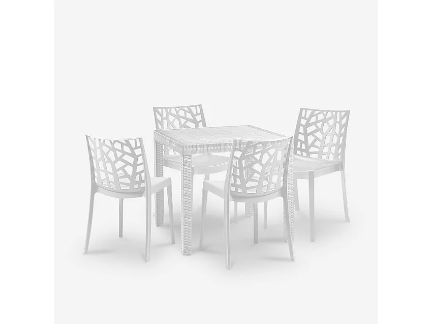 Set tavolo giardino esterno 80x80cm rattan 4 sedie bianco Nisida Light