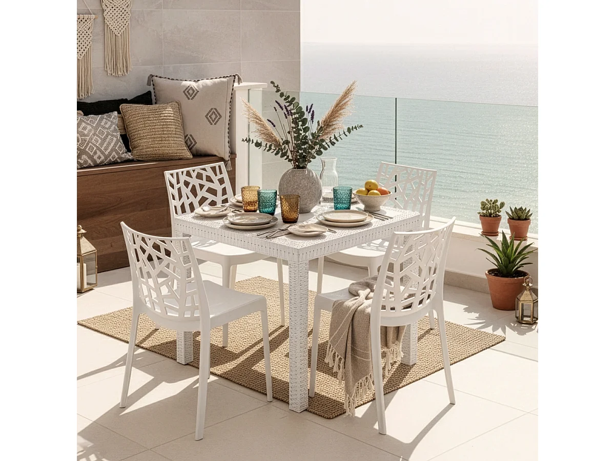 Set tavolo giardino esterno 80x80cm rattan 4 sedie bianco Nisida Light