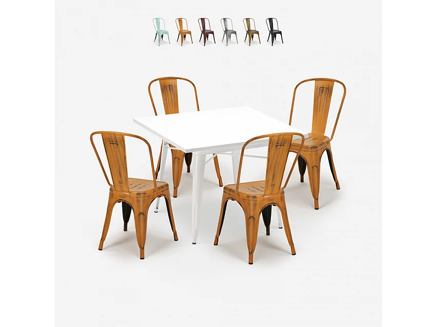 juego 4 sillas industrial estilo mesa metal 80 x 80 cm blanco state white - Naranja