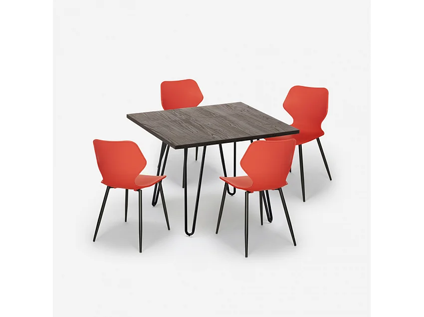 Conjunto 4 sillas diseño mesa cuadrada 80 x 80 cm madera metal Sartis Dark - Rojo
