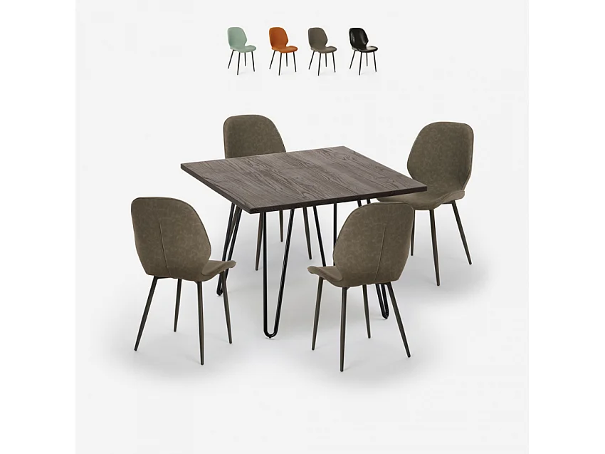 Set bar cucina tavolo 80x80cm industriale 4 sedie design similpelle Wright Dark - Grigio