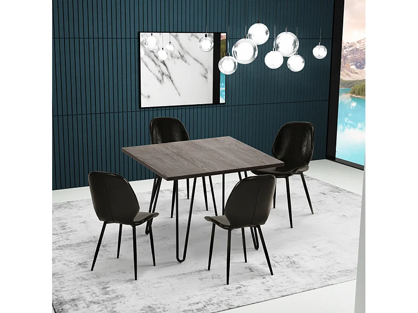 Set bar cucina tavolo 80x80cm industriale 4 sedie design similpelle Wright Dark - Grigio