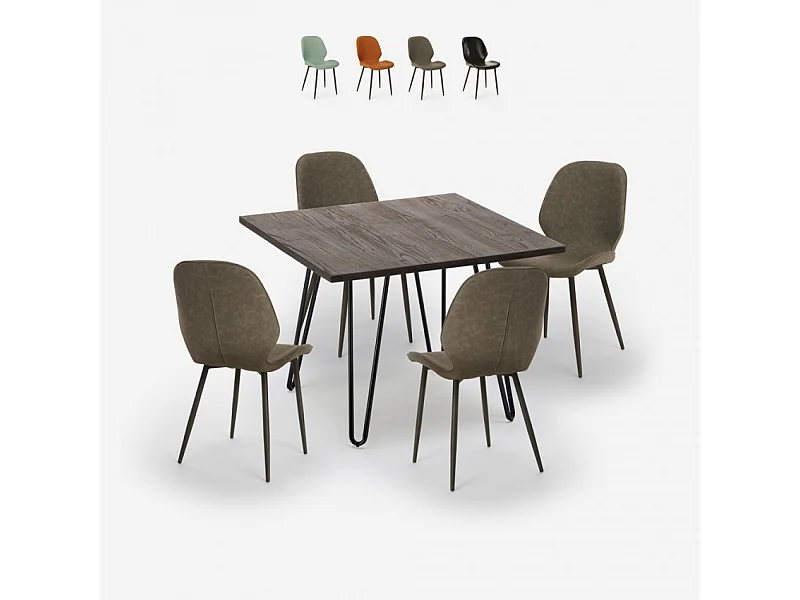 Set bar cucina tavolo 80x80cm industriale 4 sedie design similpelle Wright Dark - Grigio