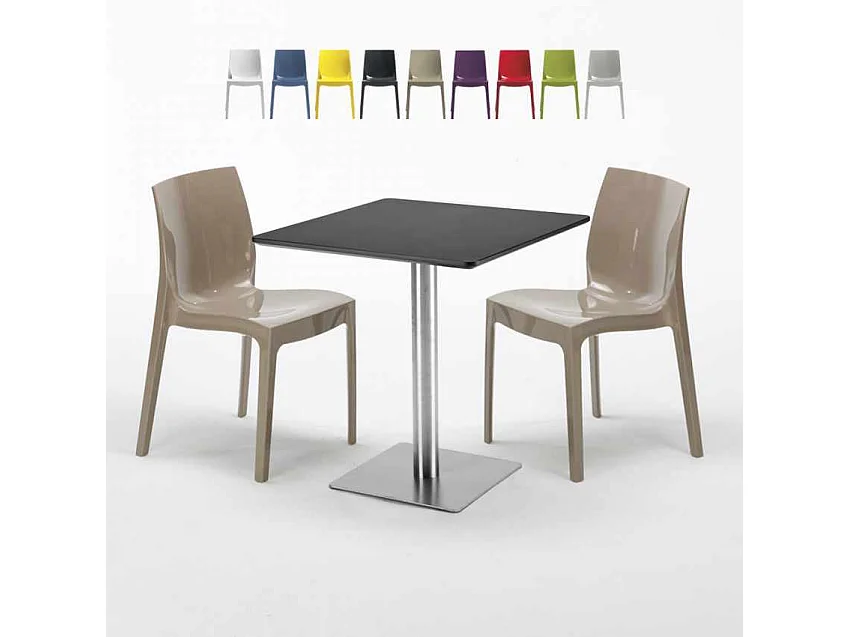 Tavolino Quadrato Nero 70x70 cm con 2 Sedie Colorate Ice Kiwi