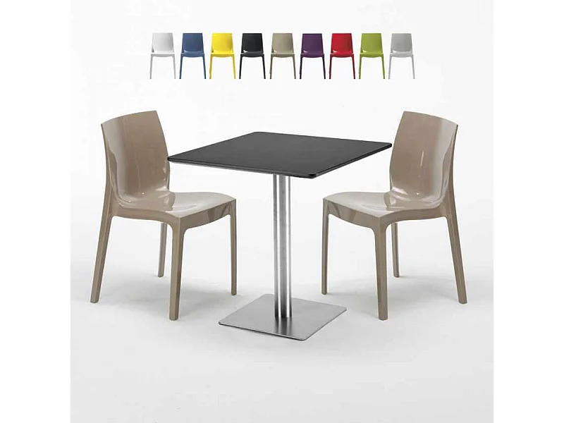 Tavolino Quadrato Nero 70x70 cm con 2 Sedie Colorate Ice Kiwi