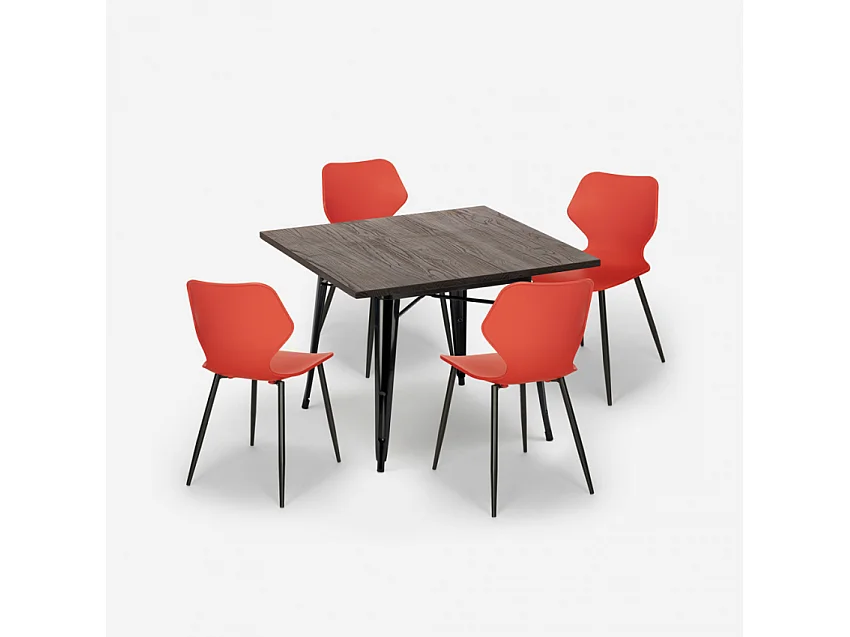 Ensemble 4 Chaises Polypropylène Table Carrée 80x80cm Métal Howe Dark - Rouge