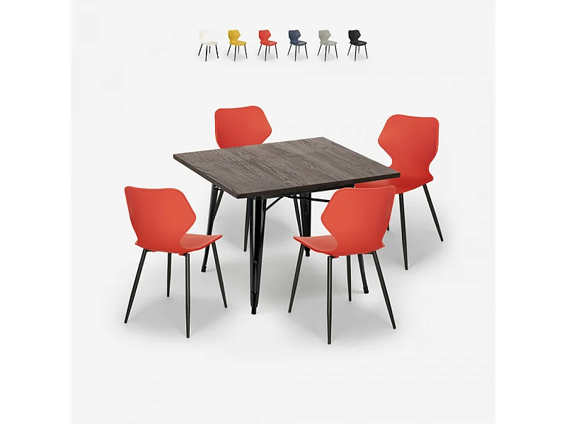Ensemble 4 Chaises Polypropylène Table Carrée 80x80cm Métal Howe Dark - Rouge