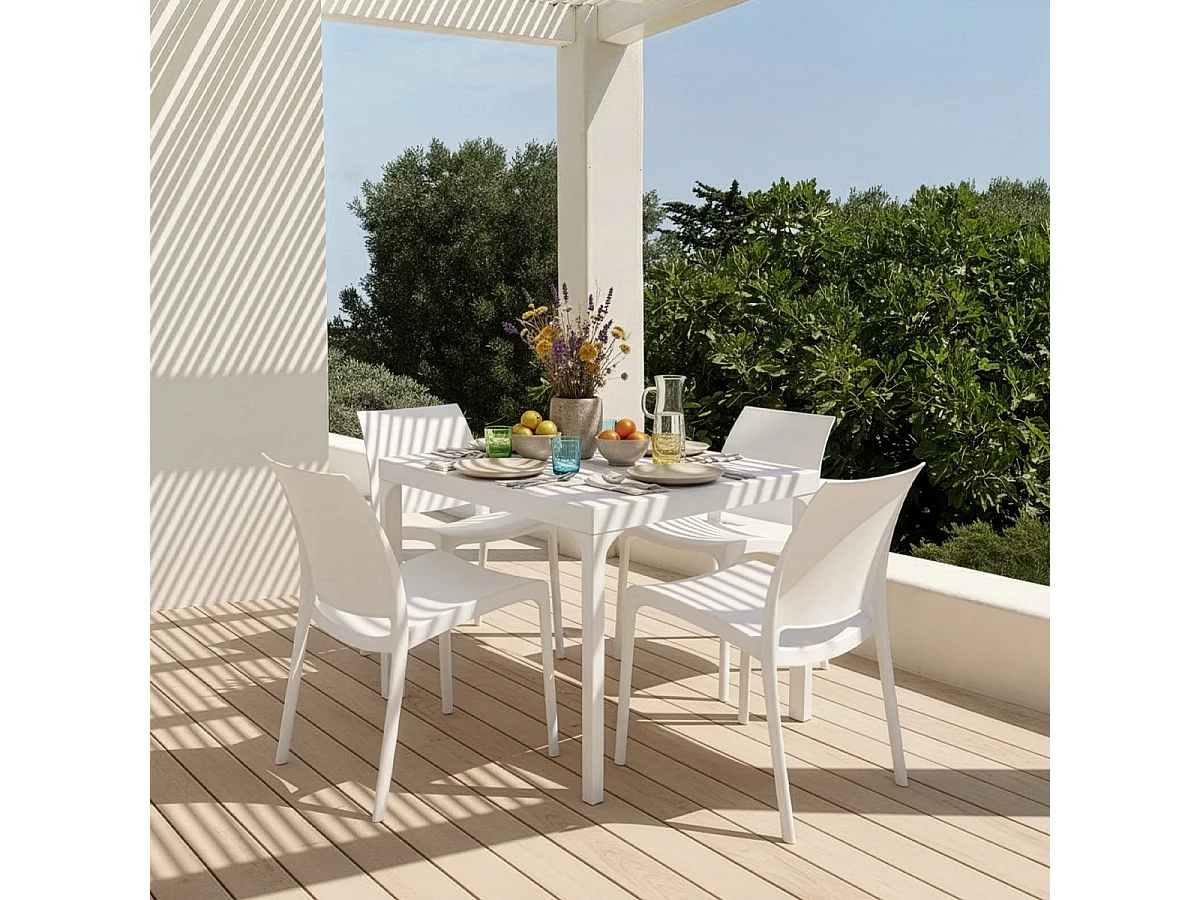 Set de jardín con 1 mesa de 80x80 cm y 4 sillas de exterior color blanco Provence Light