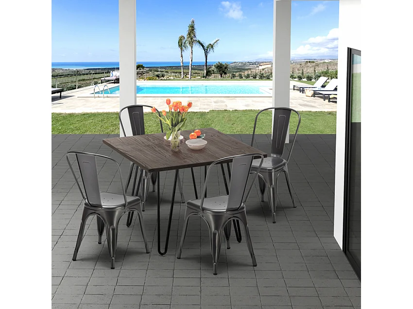 conjunto de mesa cuadrada madera y sillas en metal en estilo industrial pigalle - Gris