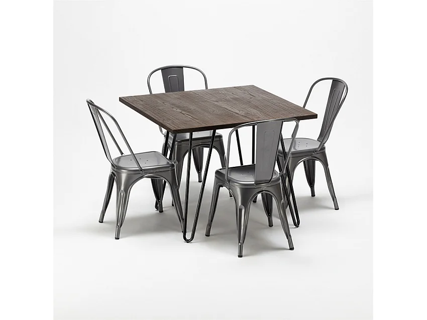 conjunto de mesa cuadrada madera y sillas en metal en estilo industrial pigalle - Gris