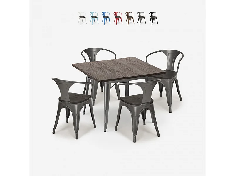 juego cocina industrial mesa 80 x 80 cm 4 sillas madera metal hustle wood - Gris Oscuro