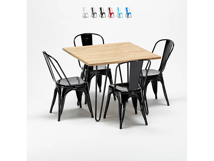 table et 4 chaises carrées en métal et bois au style industriel tribeca - Noir
