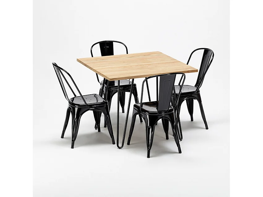 table et 4 chaises carrées en métal et bois au style industriel tribeca - Noir