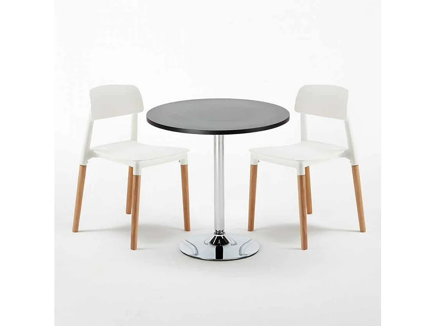 Table Ronde Noire 70x70 et 2 Chaises Colorées Bar Café Barcellona Cosmopolitan - Blanc