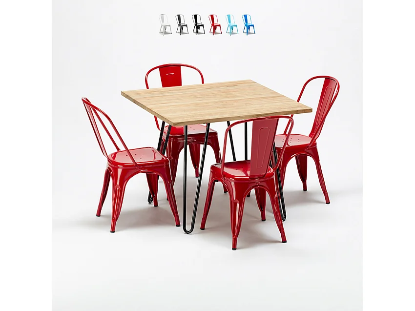 table et 4 chaises carrées en métal et bois au style industriel tribeca - Rouge