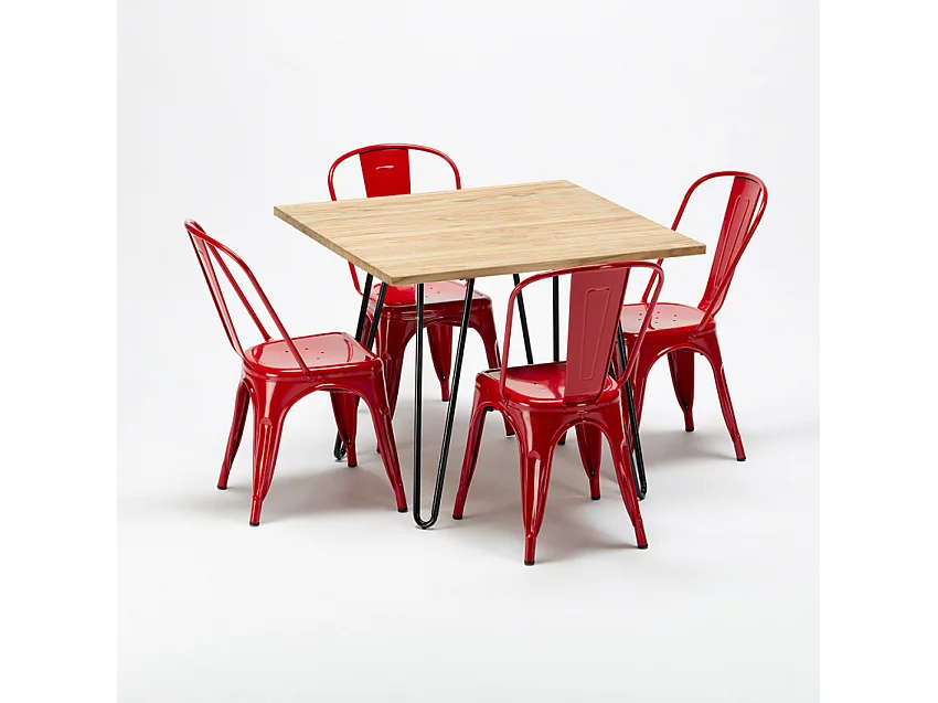 table et 4 chaises carrées en métal et bois au style industriel tribeca - Rouge