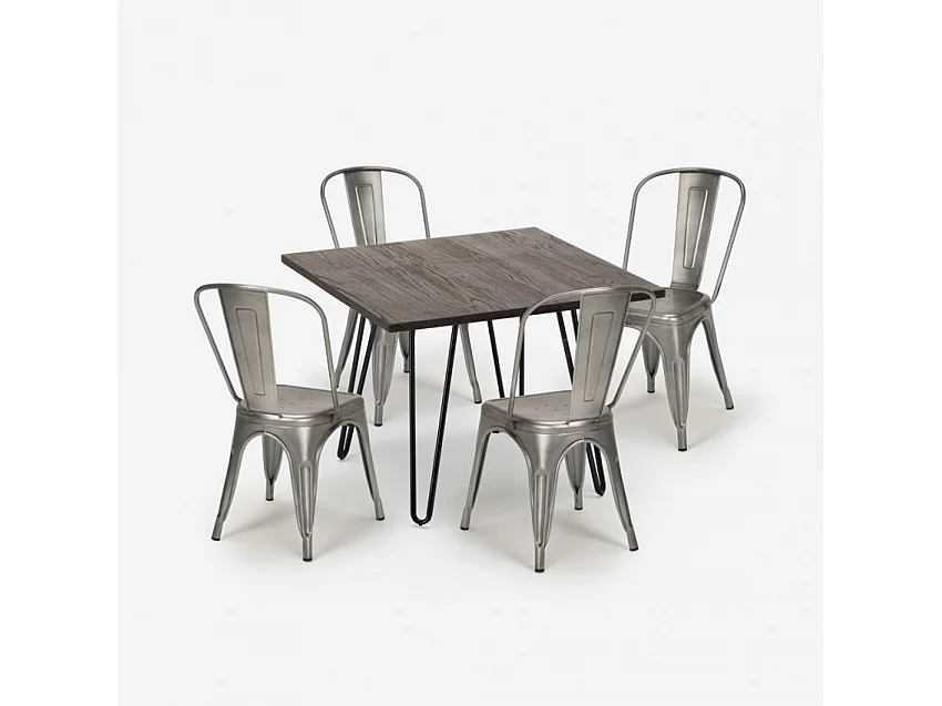 juego mesa cuadrada 80 x 80 cm madera metal 4 sillas vintage hedges dark - Silver