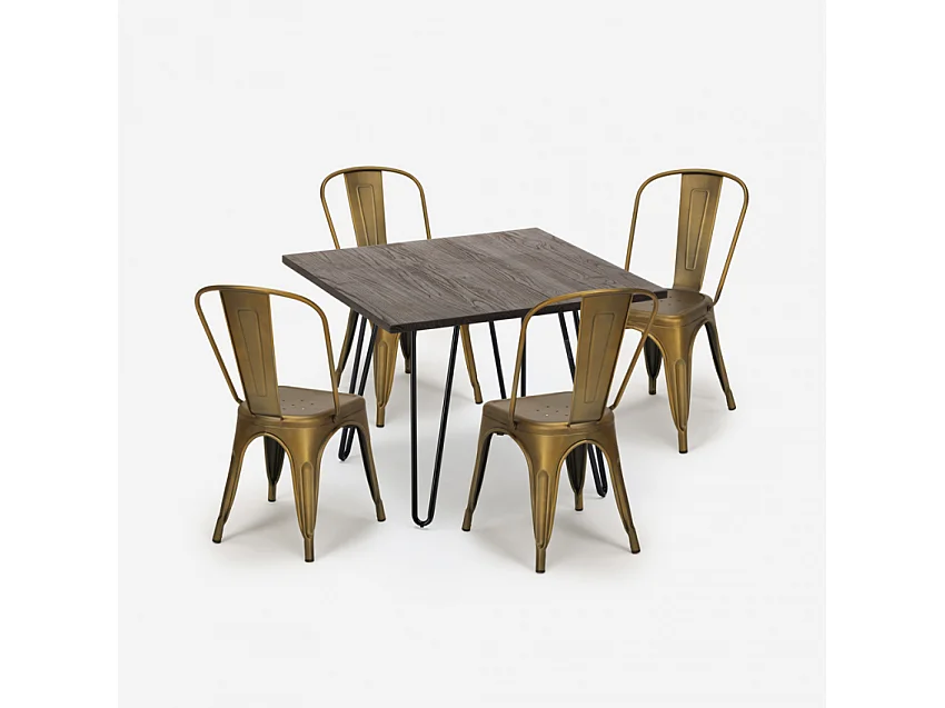 juego mesa cuadrada 80 x 80 cm madera metal 4 sillas vintage hedges dark - Gold
