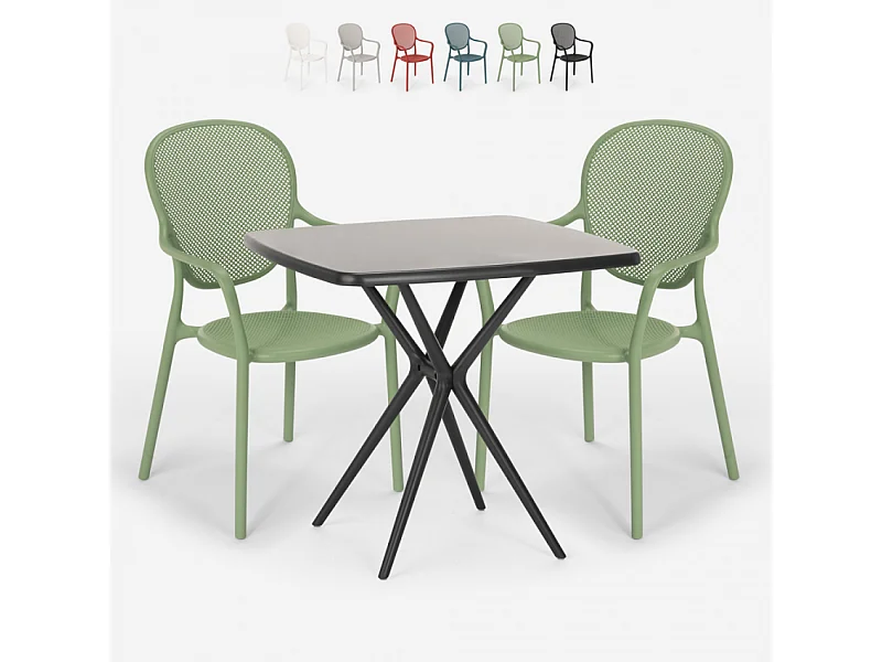 Table Carrée 70x70cm Noire + 2 Chaises jardin terrasse bar restaurant Lavett Dark - Vert foncé