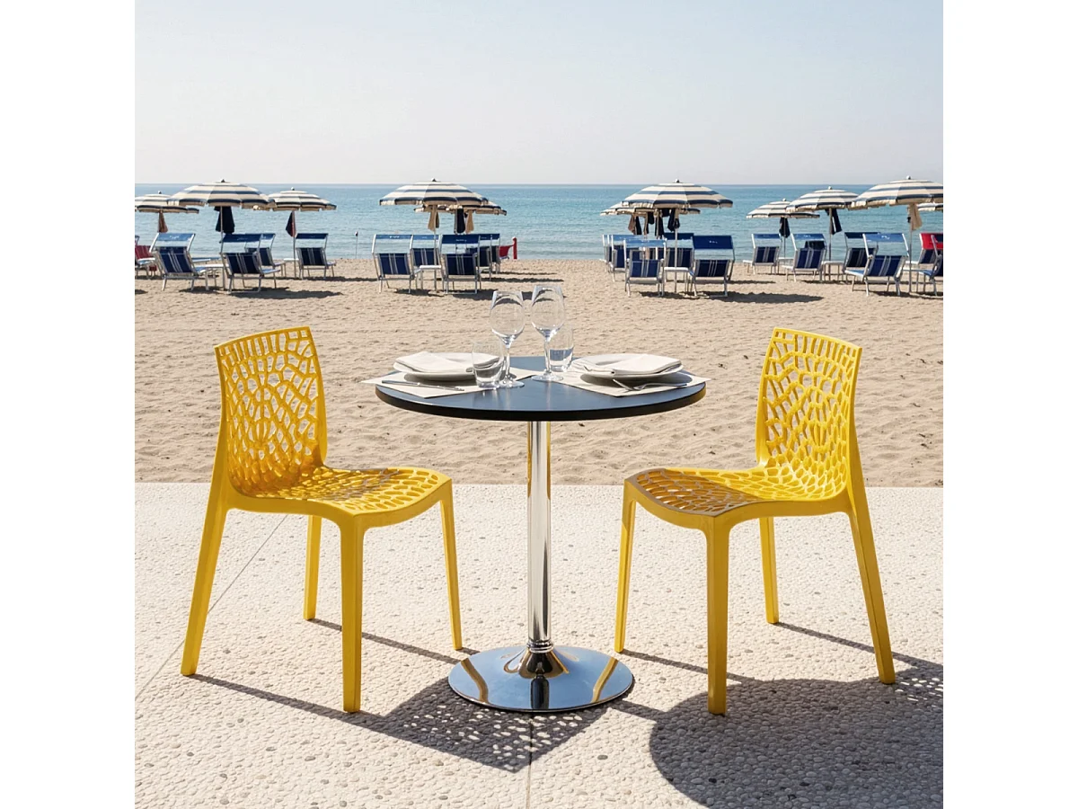 Table Ronde Noire 70x70cm Avec 2 Chaises Colorées Grand Soleil Set Intérieur Bar Café Gruvyer Cosmopolitan - Jaune