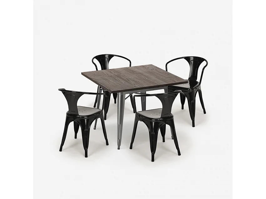 juego diseño industrial mesa 80 x 80 cm 4 sillas estilo cocina bar hustle - Negro