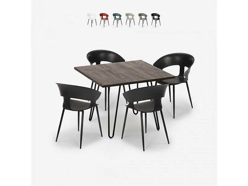 Set 4 sedie design moderno tavolo 80x80cm industriale ristorante cucina Maeve Dark - Nero